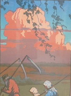 W. Falileieff, colour linocut, Harvesters, signed, 39 x 30cm. Condition - fair, foxing throughout